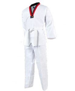 Võ phục Taekwondo cổ đỏ đen vải sọc hiệu Black Eagle cao cấp